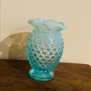 Blue opalescent hobnail 3 3/4 in tall mini vase